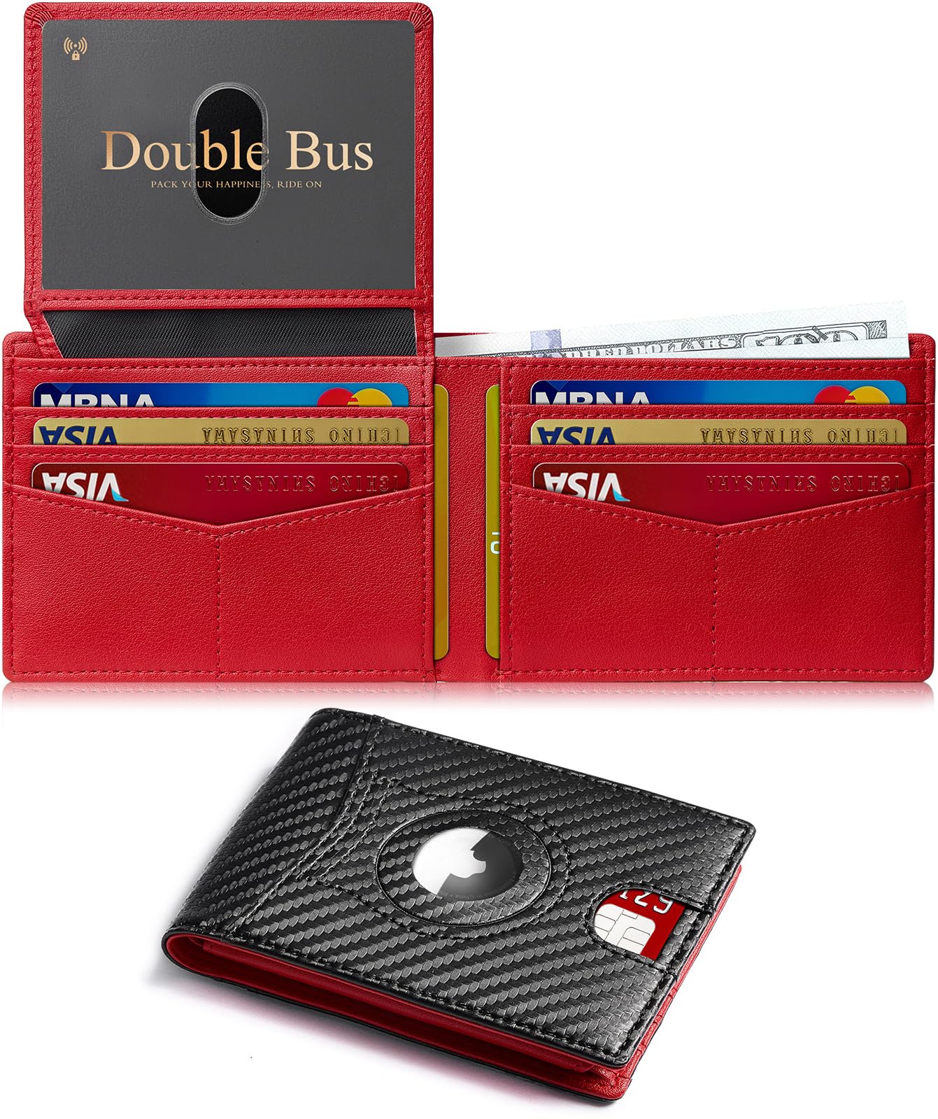 Wallet for Men Slim RFID Blocking Bifold Carbon Fiber,Minimalist Small Compact Front Pocket Credit Card Holder,Thin Mens Leather Wallets Smart Security With 2 ID windows 1 Cash (Black & Red)