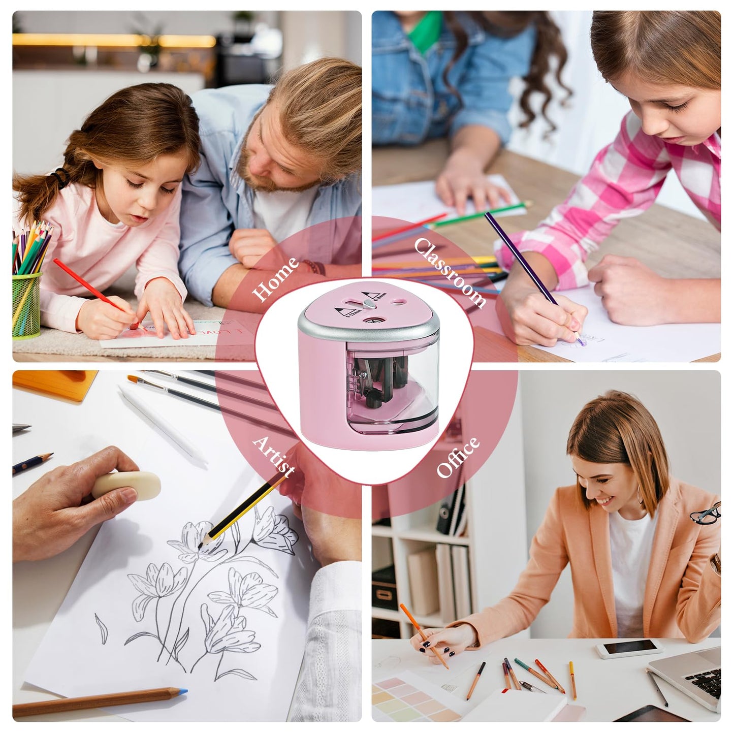 AUAUY Electric Pencil Sharpener with Double Hole, Battery Operated Automatic Sharpener with 2 Extra Knife Holders, for 6-8mm/9-12mm Standard Pencils, Colored Pencils, and Skectch Pencils（Pink）