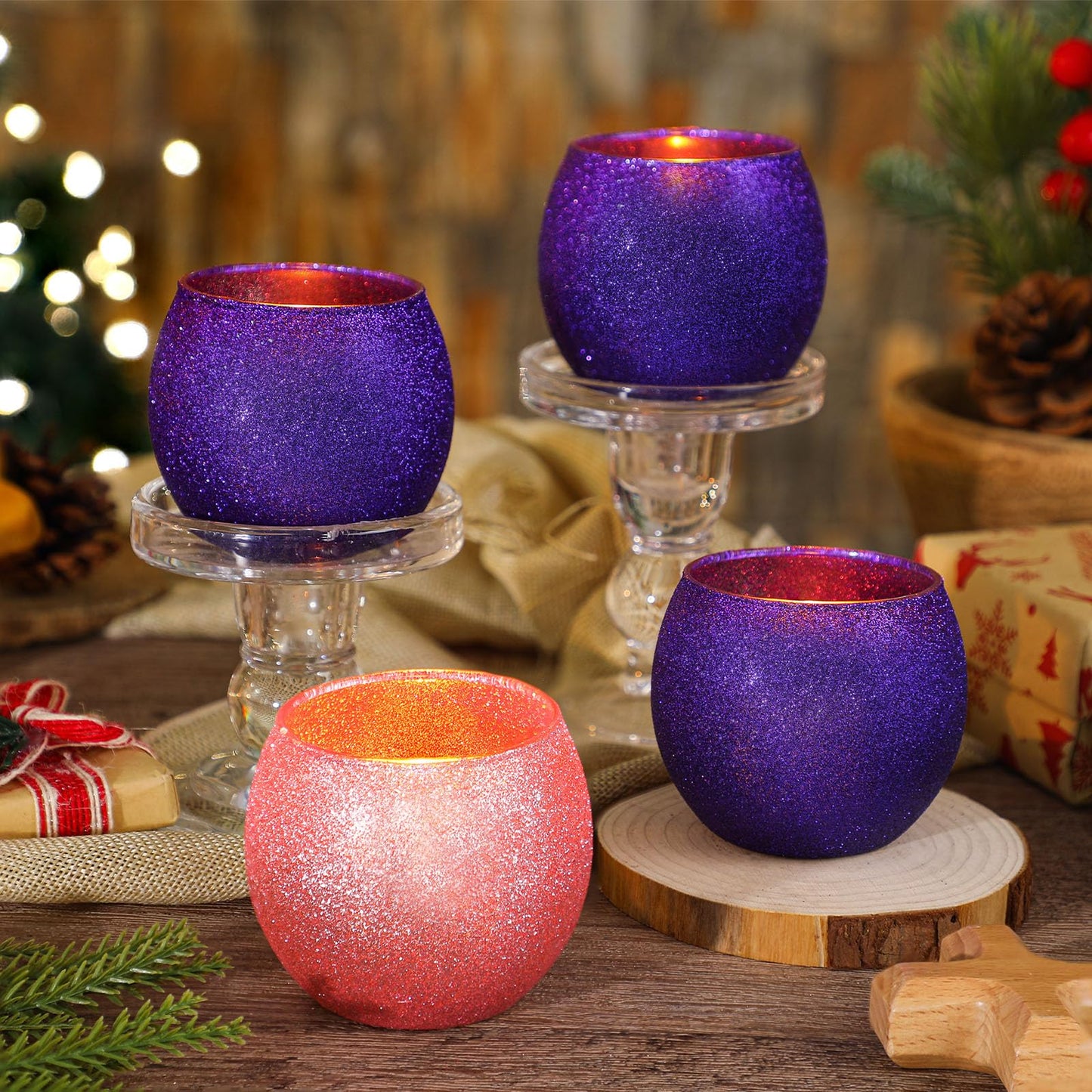 Mumufy 4 Set Christmas Advent Candle Holders Glass Tealight Votive Candle Holders for Tabletop Centerpiece Christmas Table Decorations Gifts
