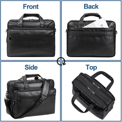 Leather Laptop Bag, Men's 15.6 Inches Messenger Briefcase Business Satchel Computer Handbag Shoulder Bag Fits 15.6 Inch Laptop Black
