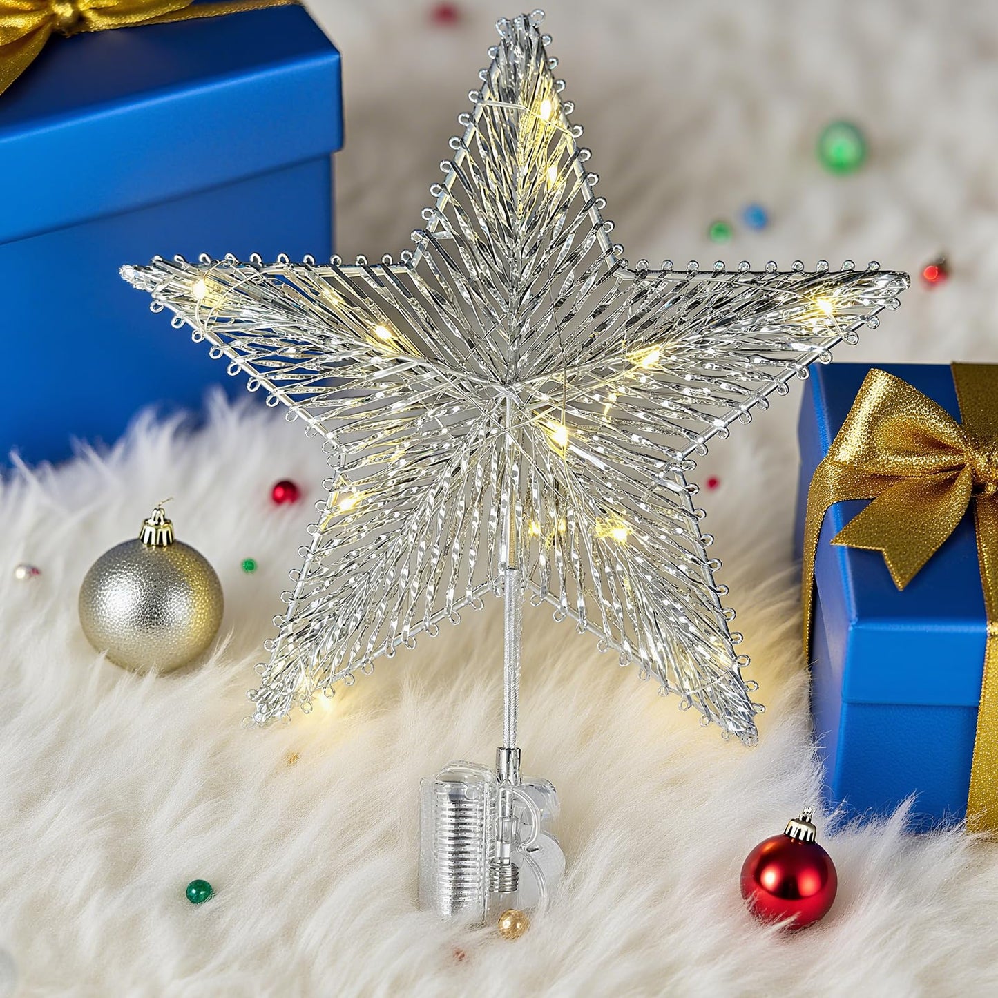 ZZZ TYLOO 11 Inch Silver Star Christmas Tree Topper, 15 LED Lighted, Metal Frame with Hand-Woven Shiny Silver PVC, Clip-On Base, Xmas Star Tree Decoration for Home