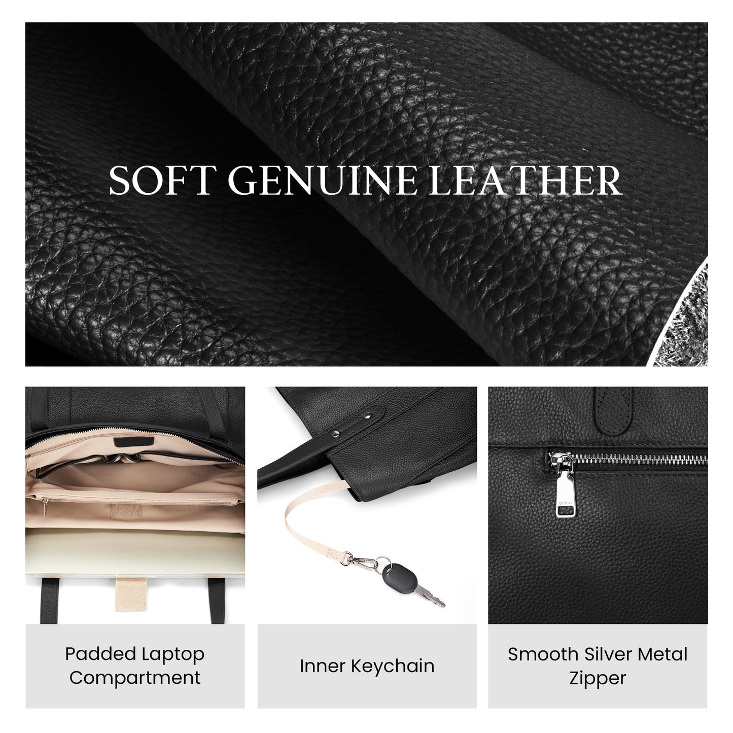 befen Black Genuine Leather Work Tote Bag for Women, Womens 15 Inch Compartment Work Totes Purse Shoulder Leather Purses Handbags