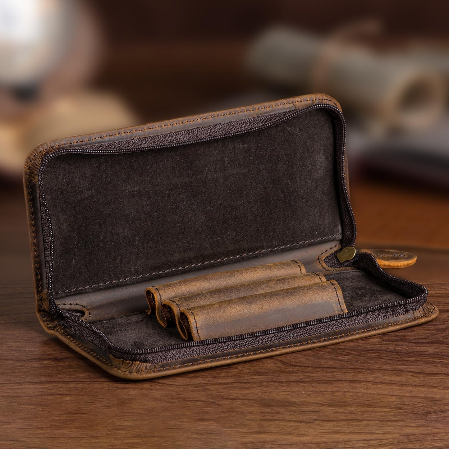 Lanxivi Vintage Leather Fountain Pen Case 3 Divided Slots, Zippered Pen Case Pouch, Handmade Display Holder for Rollerball Pen