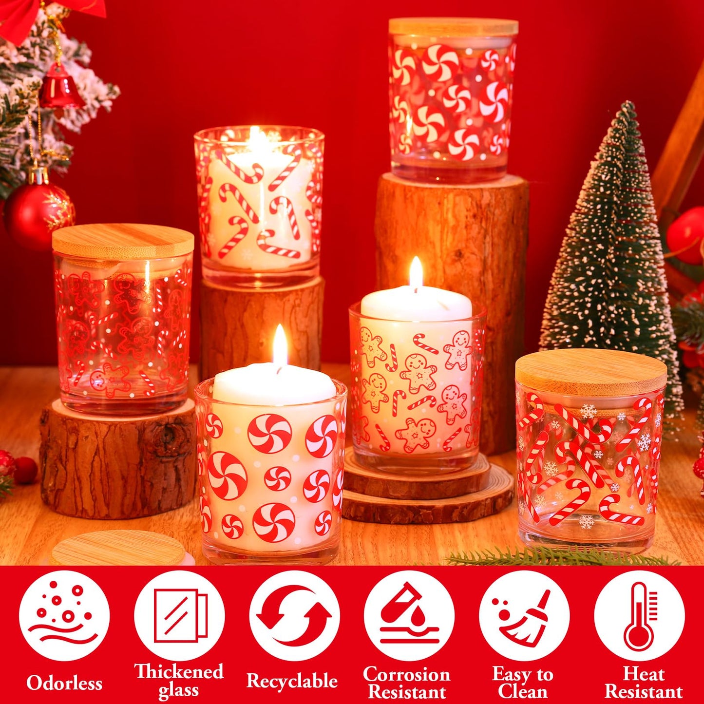 Whaline 12 Pcs Christmas Glass Candle Jars with Cork Lids Red Peppermint Gingerbread Candy Cane Clear Empty Container for Candle Making Storing Xmas Holiday Party Decor