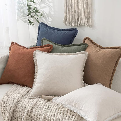MIULEE Christmas Decorative Throw Pillow Covers Neutral Linen Fringe Throw Pillows Euro Shams Set of 2 Natural Beige Boho Farmhouse Cushion Covers for Couch Sofa Bed Living Room Home Decor 24x24 Inch