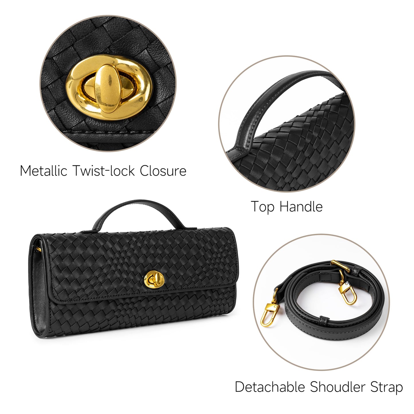 Joryin Woven Purse for Women Evening Clutch Woven Leather Handbags Black Crossbody Bag Purse Formal Evening Bag