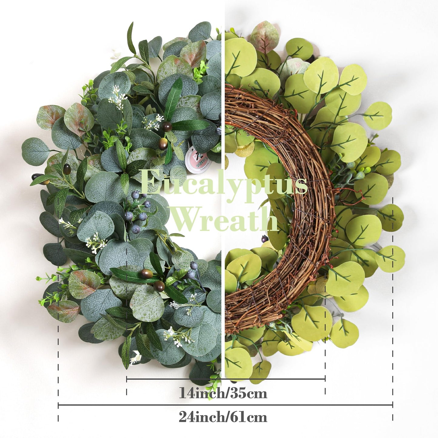 24 Inch Eucalyptus Wreath for Front Door – Green Spring Summer Wreath with Olive Leaves & Berries – Handmade Year-Round Door Decor by EZsenses