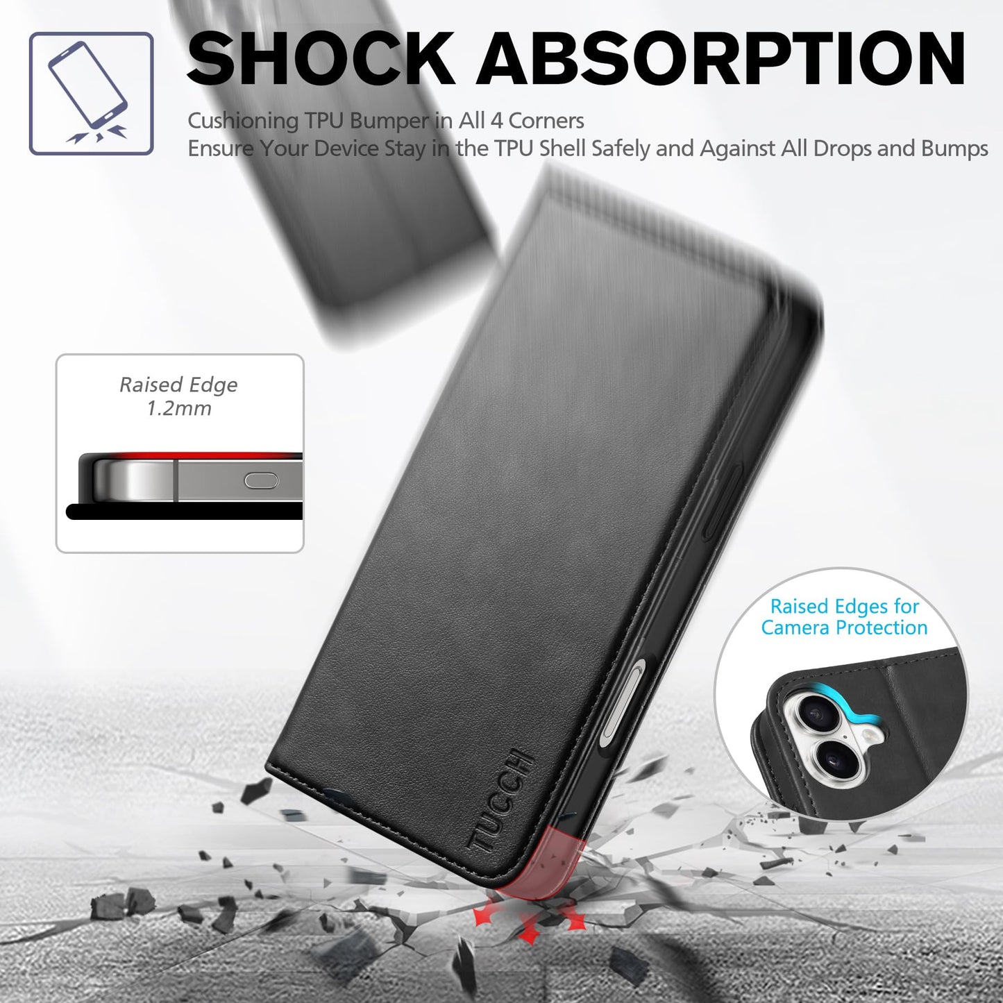 TUCCH Case Wallet for iPhone 16 Plus, [3 Card Holder Slots] Folio PU Leather Cover, [RFID Blocking] Stand Flip TPU Shockproof Interior Case Compatible with iPhone 16 Plus, Black