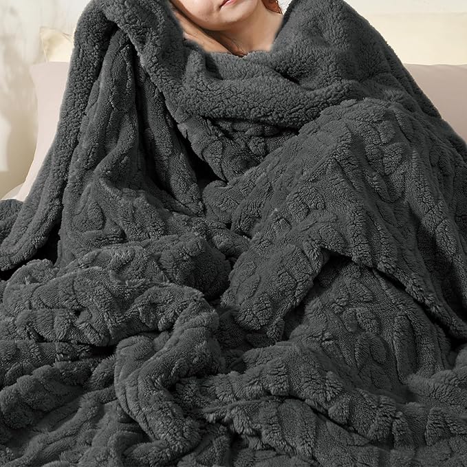 PHF Fluffy Sherpa Blanket King Size for Winter, Warm and Soft, 510GSM 3D Jacquard Thick Shaggy Fleece Plush Blanket for Sofa Bed, Dark Grey, 108"x90"