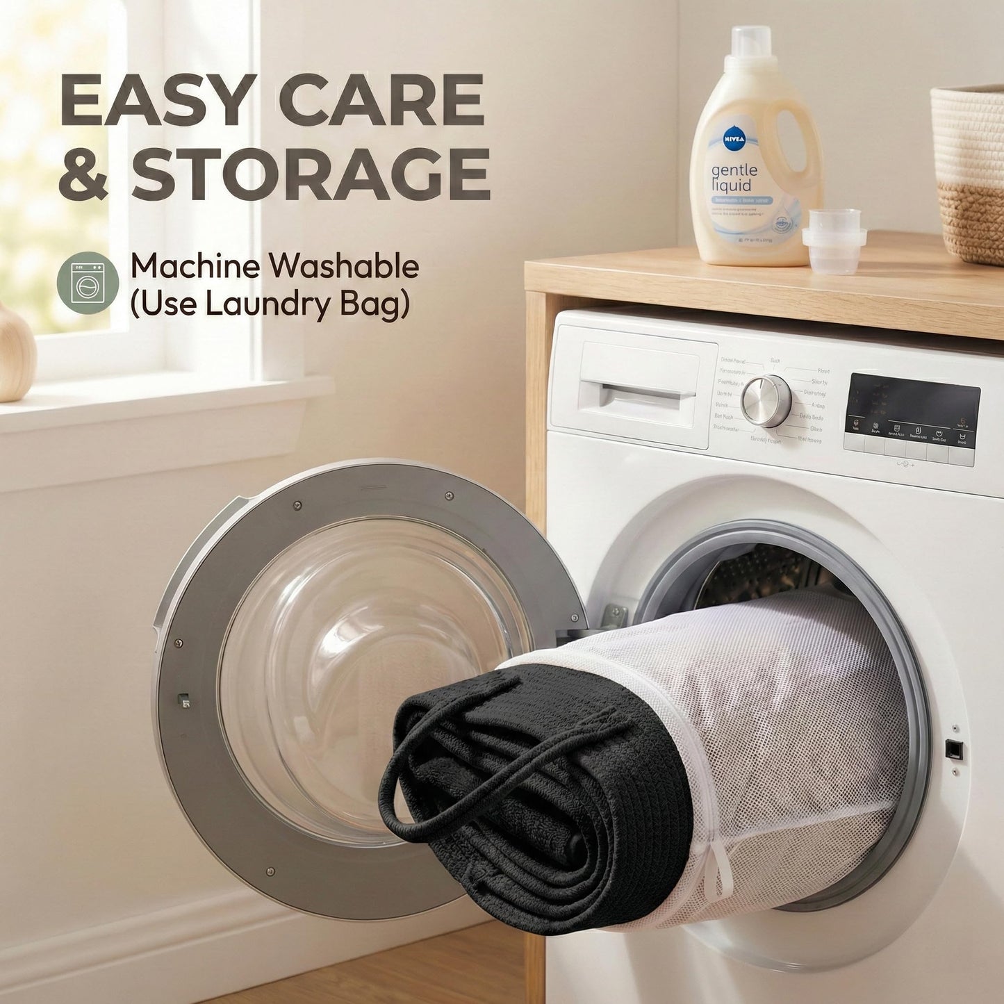 JMvicyroam 65L Extra Large Blanket Basket for Living Room - Woven Cotton Rope Laundry Hamper with Reinforced Handles - Storage Bin for Pillows, Comforters & Toys - Machine Washable,Black