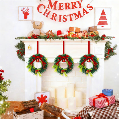 Wurosi 8 Pcs Mini Christmas Wreath, 7.87 Inch Christmas Kitchen Cabinet Wreaths with Velvet Ribbon and Berry, Small Christmas Wreaths for Cabinets Window Front Door Porch Wall Decor