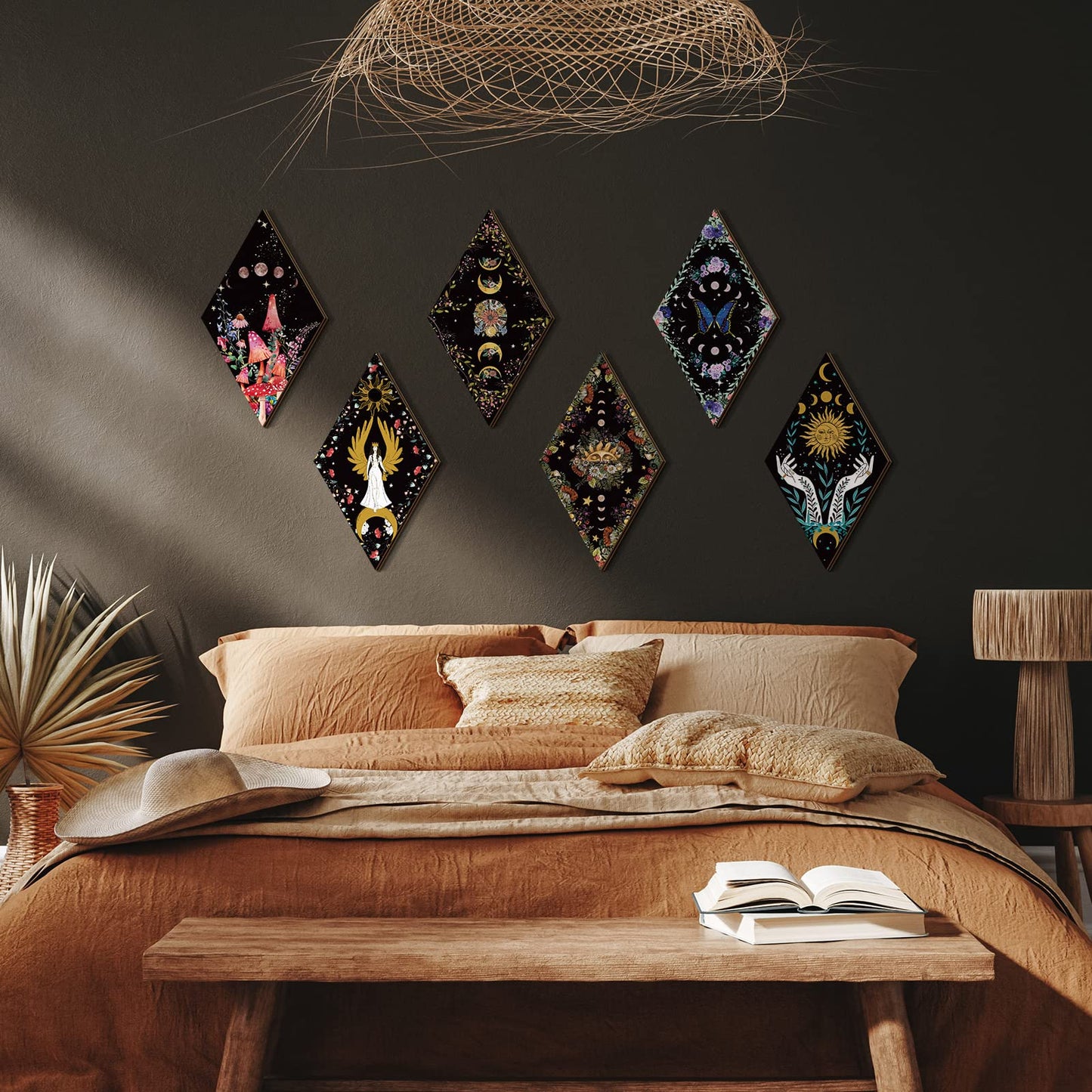 Qunclay 6 Pcs Witchy Gothic Wall Decor, Rustic Boho Moon Phase Sun Mushroom Star Hanging Wooden Ornament for Bedroom Living Room Gallery, Celestial Goth Home Decoration Farmhouse Pediments(Moon Sun)