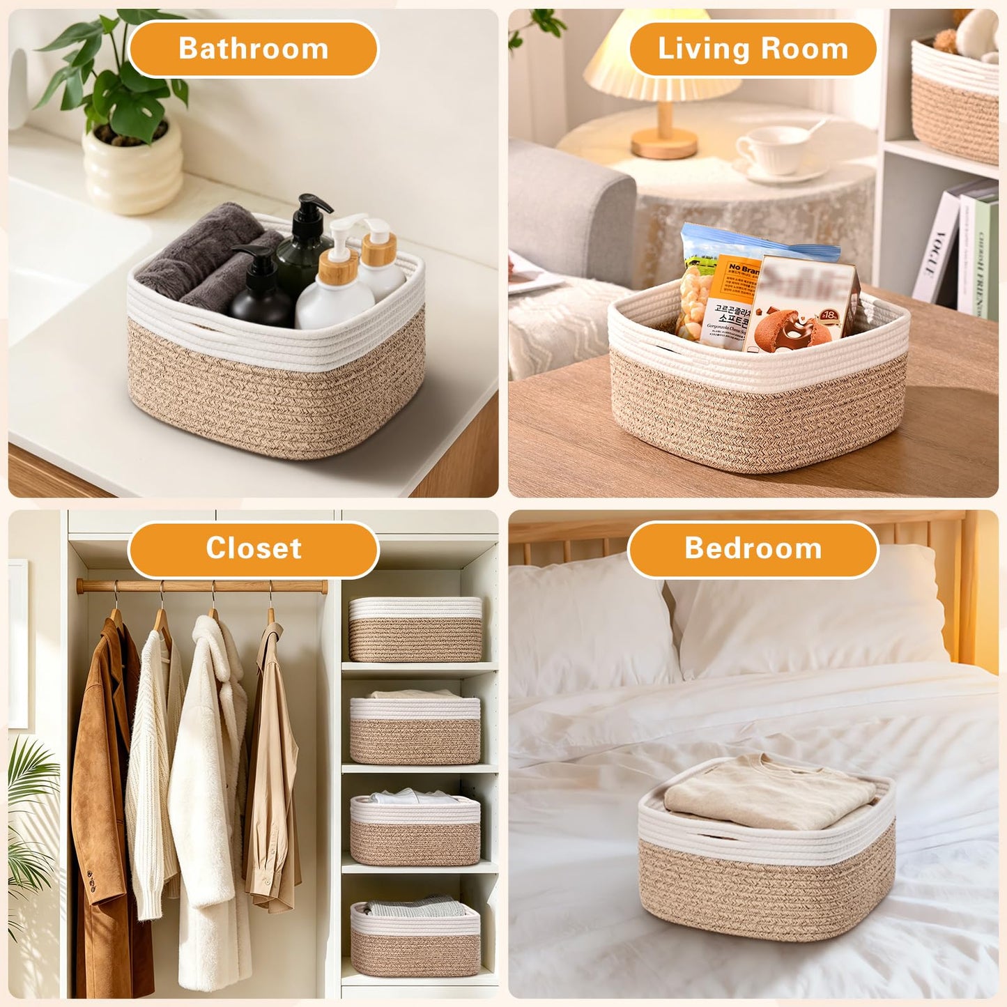 Storage Baskets for Shelves, 2 Pack Shallow Basket - 10.5" x 10.5" x 5.5", Rope Baskets for Organizing Toys, Snacks, Cube Storage Bins for Closet, Bedroom, Nursery, Brown & White