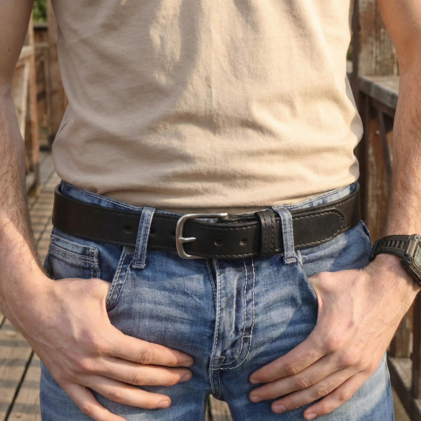 Handmade Stitched Bridle Leather Belt Extra Thick (Size 56, Black)