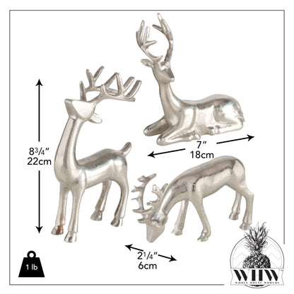 WHW Whole House Worlds Rustic Reindeer Figurines, Set of 3, Handmade, Cast Silver Aluminum, 8.75 Inches