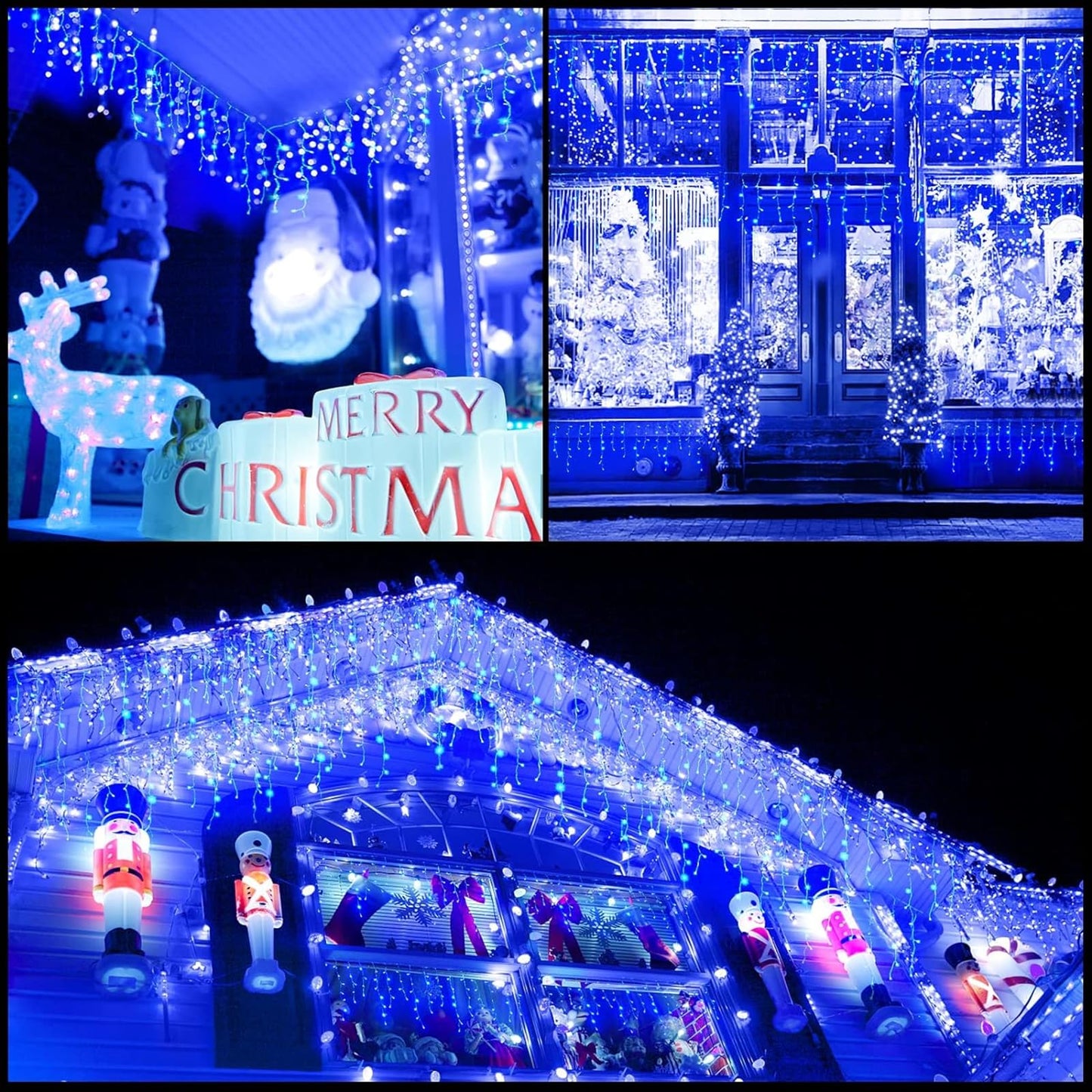 KiflyTooin Solar Christmas Lights Outdoor Waterproof Christmas Decorations Curtain Lights 320LED 29.5ft 60 Drops, Solar Powered Rechargeable Fairy Lights for Party, Wedding, Home Decorations(Blue)