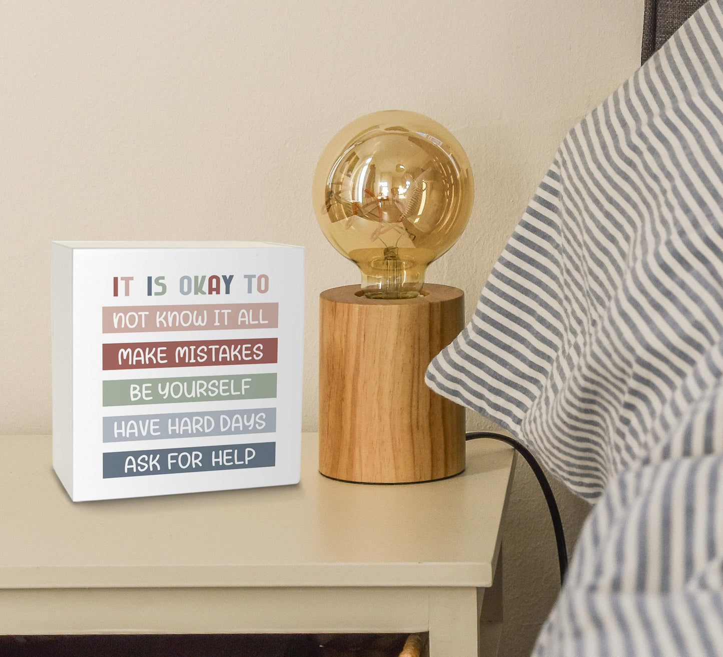 KU-DaYi It is Okay to Mental Health Wooden Box Sign, Teacher Desk Decor, Inspirational Boho Office Classroom School Therapy Reading Corner Wall Shelf Table Wooden Block Plaque Desk Decor 5x5 Inch
