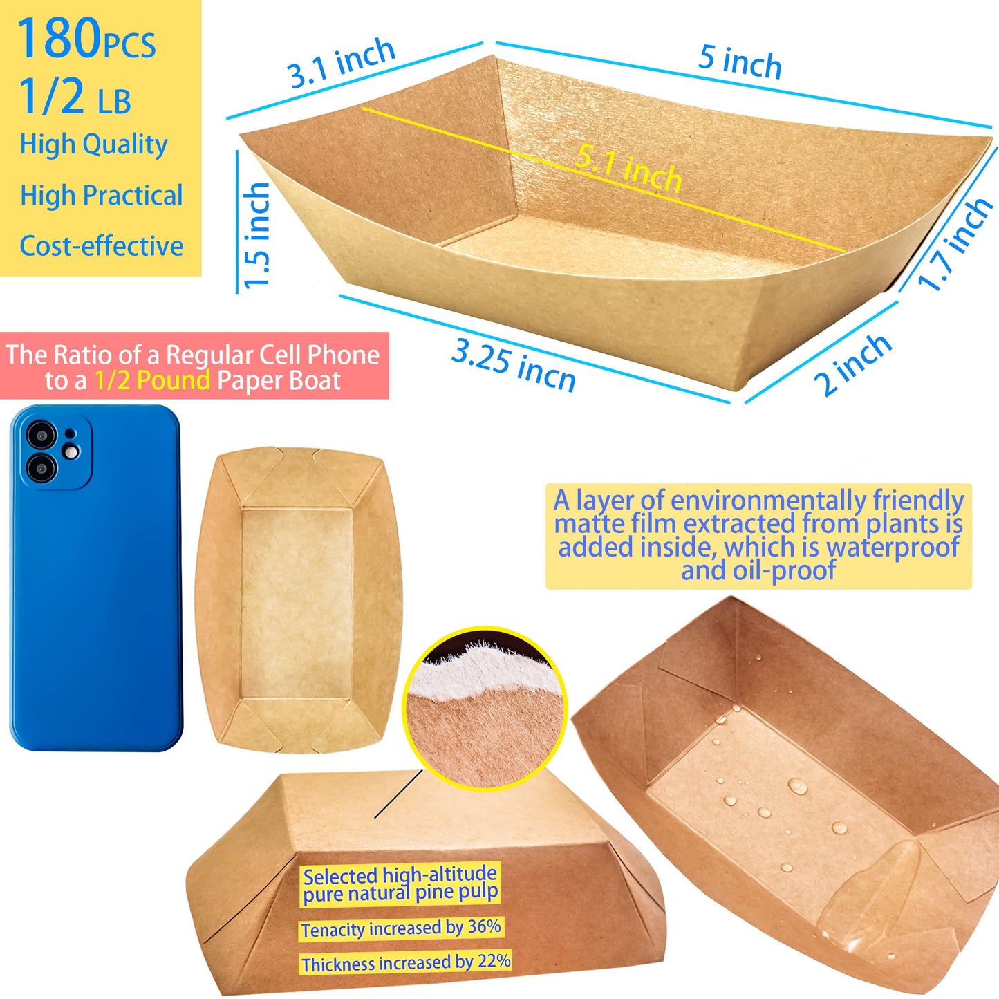 MotBach 180 Pack 1/2 lb Disposable Kraft Food Paper Trays, Small Eco-Friendly Paper Take Out Food Serving Boats Mini Paper Serving Trays for Party Snacks French Fries Nachos Tacos BBQ (Brown)