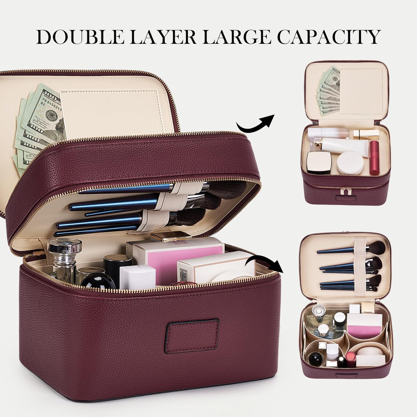 HiTotes Large Makeup Bag Duo Vanity Case for Women Leather Makeup Case Travel Toiletry Bag Portable Double Layer Cosmetic Bag