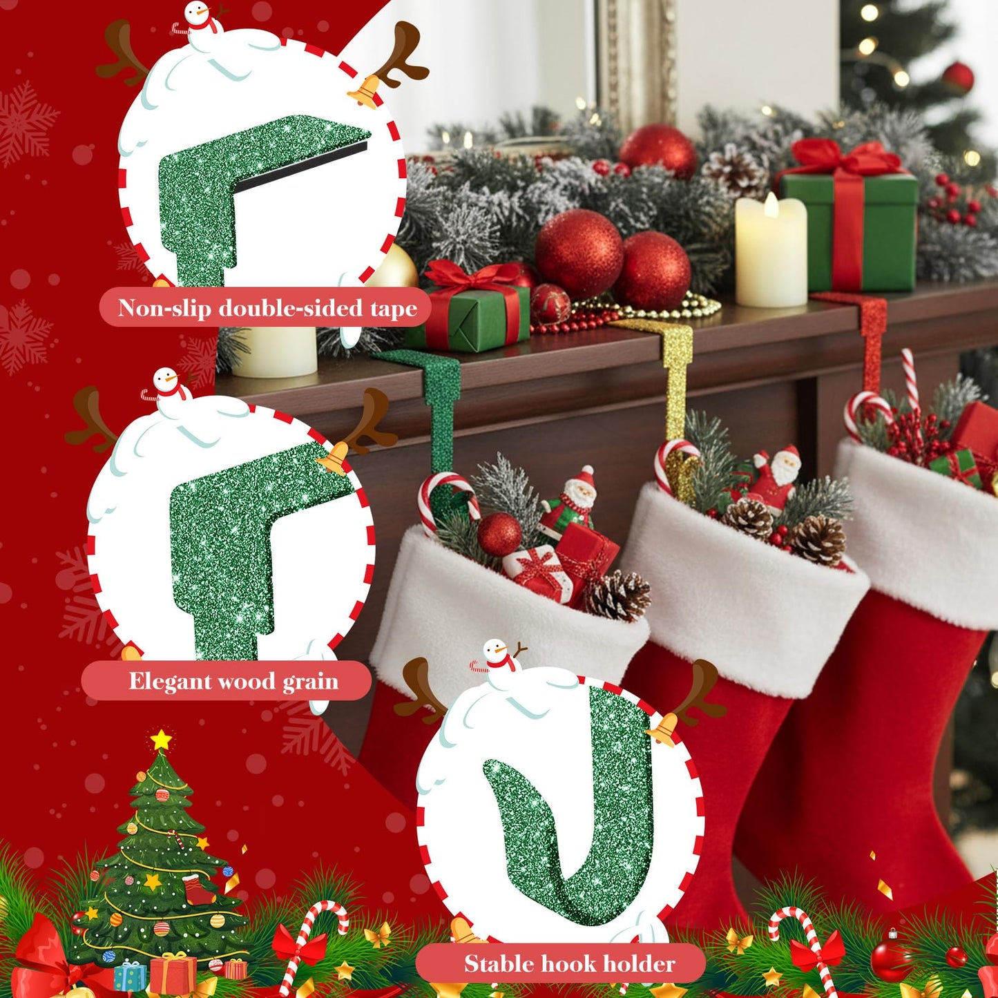Therwen 6 Pcs Glitter Christmas Stocking Holders Shiny Fireplace Stocking Holders Set with No-Slips Strips Safety Mantel Hanger Hooks Xmas Mantle Grips for Tabletop Shelf Party Decor (Gold,Red,Green)