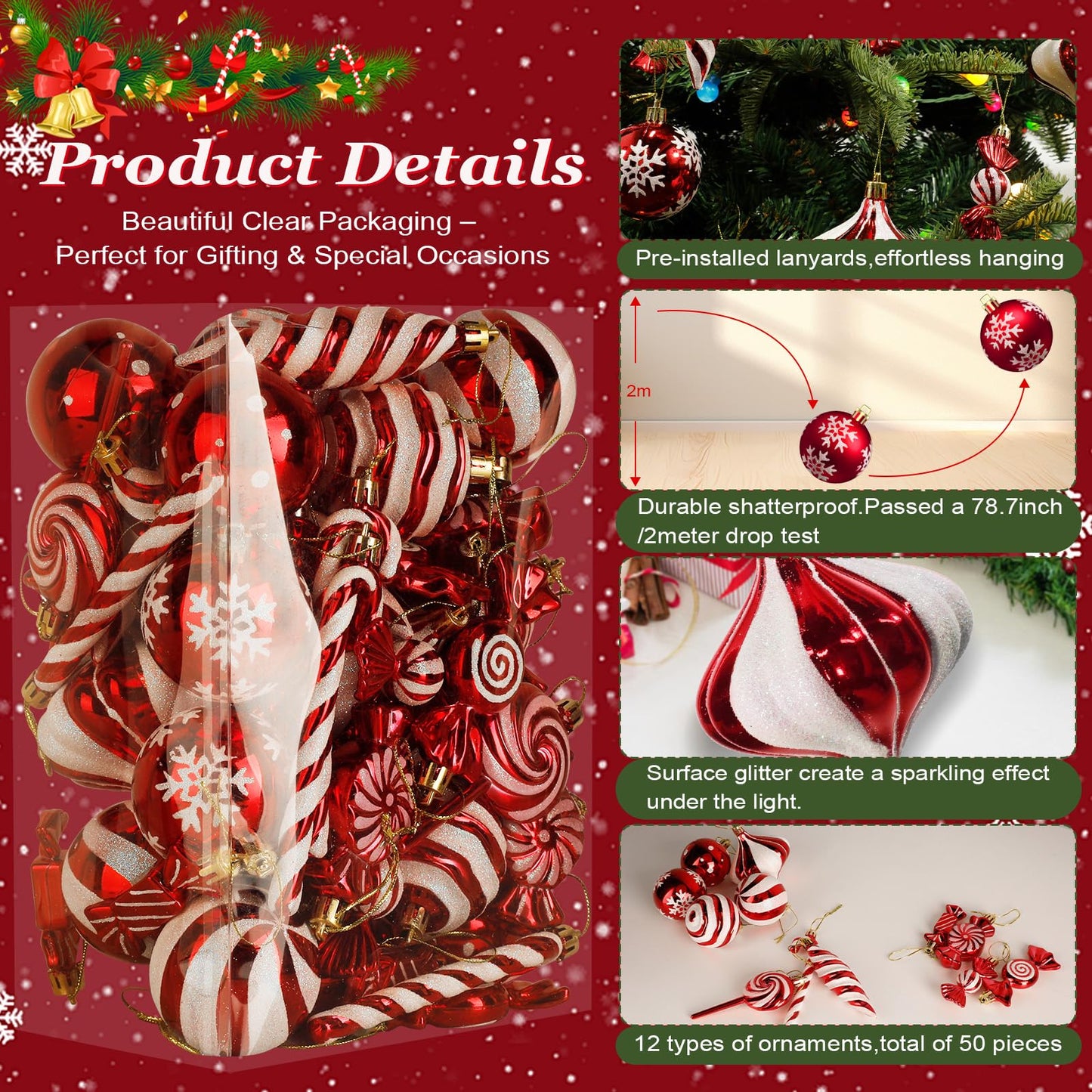 50PCS Christmas Ball Ornaments Candy Lollipop Set, Xmas Decoration Hanging Gloss Candy Canes Ball Pendants - Red Candy