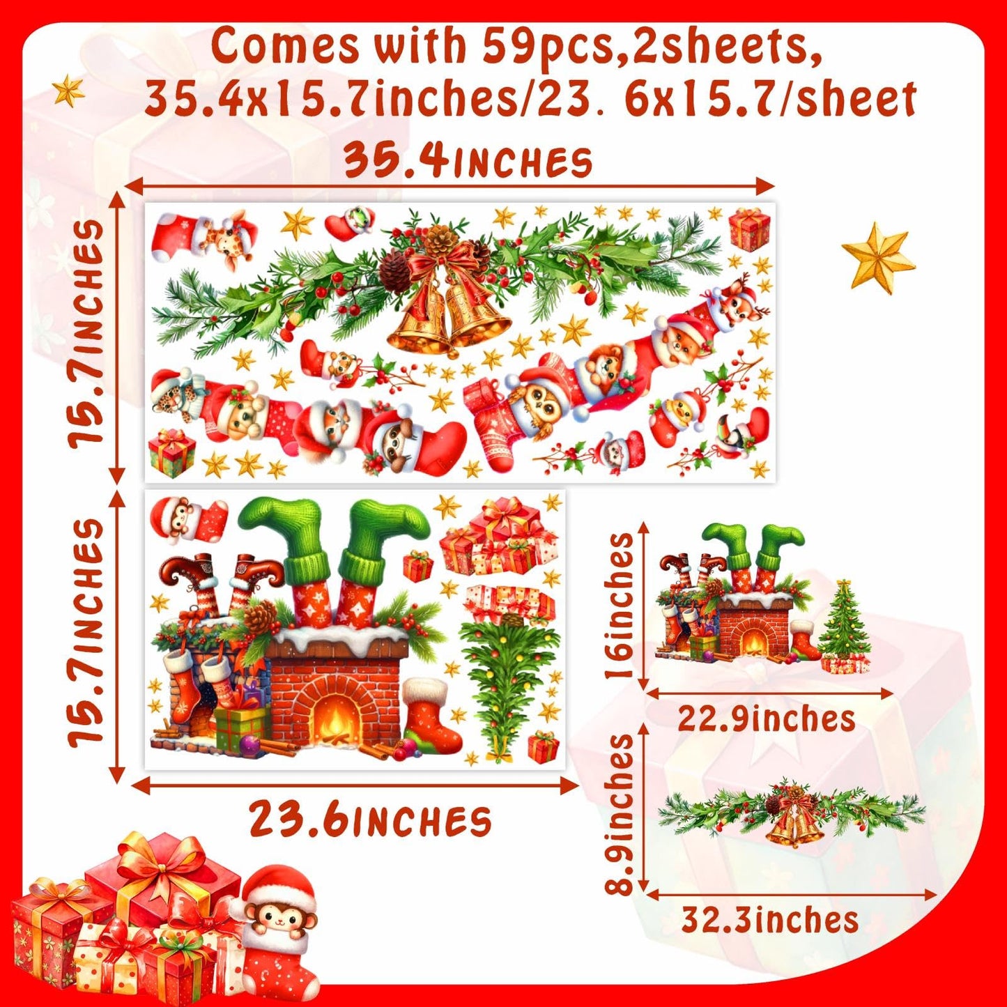Christmas Fireplace Wall Decals Large Winter Pine Tree Branch Wall Stickers Xmas Bell Funny Animal Holiday Wall Decorations Removable Merry Christmas Wall Stickers Party Supplies