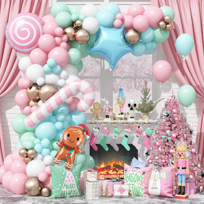 Christmas Balloon Garland Arch Kit, Nutcracker Balloon Pastel Pink Green Balloons Candy Cane Reindeer Peppermint Foil Balloons for Candyland Christmas Party Decorations Xmas Birthday Holiday Party
