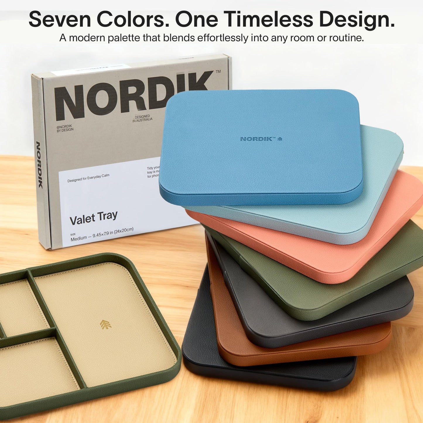 Nordik Leather Valet Tray - Moss Green - 9.5 x 7.9 Inch Medium Vegan Leather Tray - Stylish Nightstand Organizer for Men - Modern Bedside Caddy - EDC Catchall for Key Watch Wallet Jewellery