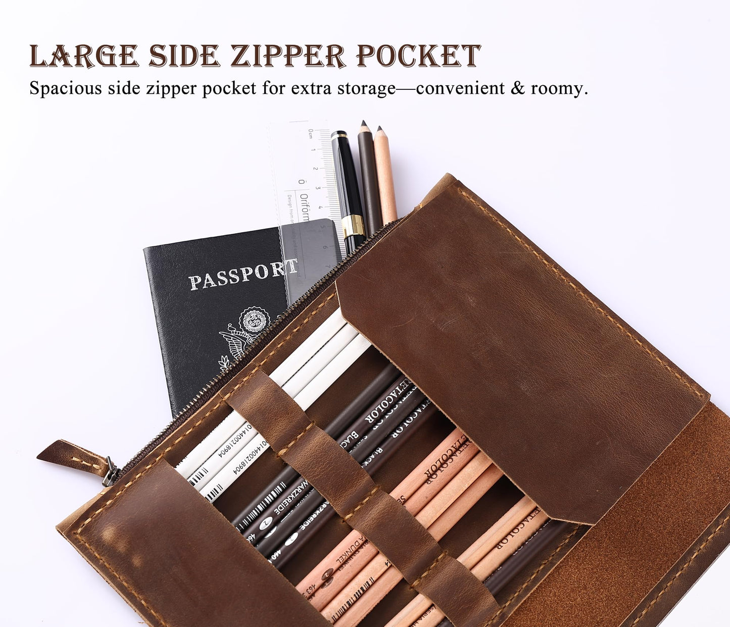 Fasjosma Leather Sketchbook Cover for A5/5.5"x8.5" Top Spiral Bound Sketch Pads - Handmade Genuine Leather Artist Case with Pencil Holder & Zipper Pocket, Professional Drawing Supplies