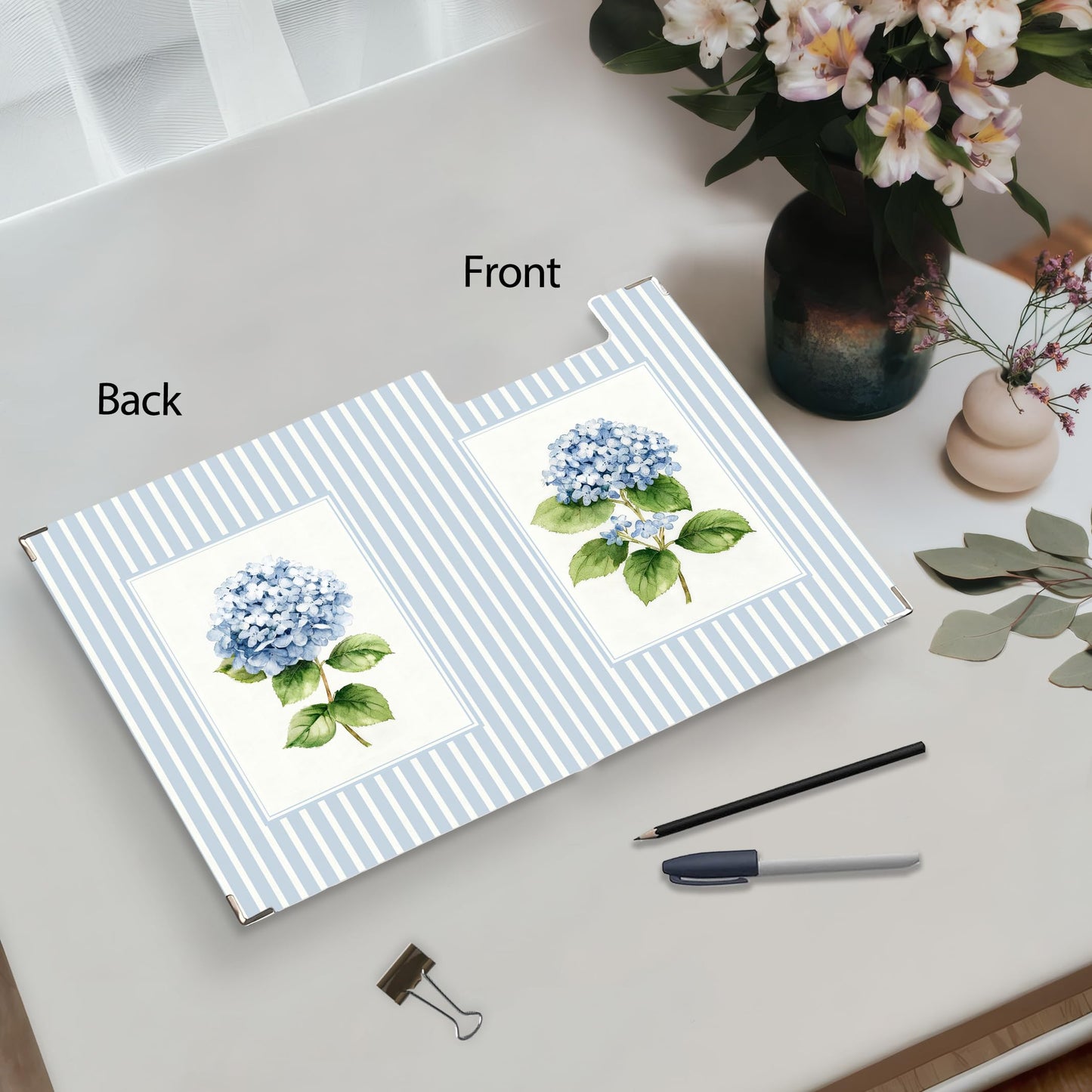 KU-DaYi Blue Hydrangea Floral Clipboard Padfolio with Storage Pocket, Blue Striped Hydrangea Flower Botanical Low Profile Clip Boards for Girls Nurse Office Classroom, 12.4 x 9.25 in