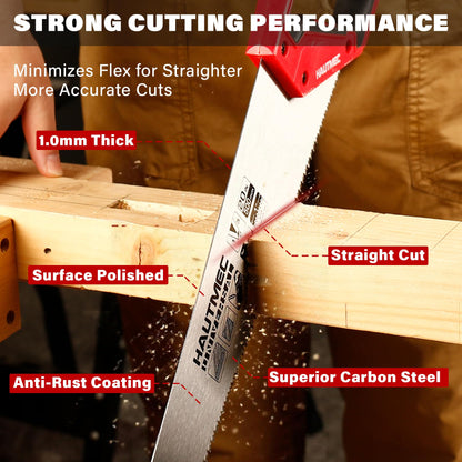 HAUTMEC 14" Universal Hand Saw, 11 TPI Fine Cut Wood Saw with Hardened Triple-Ground Teeth & Bi-Material Ergonomic Handle, Compact Handsaw for Wood, Plastic, PVC, Laminate & Branch Cutting – HT0024