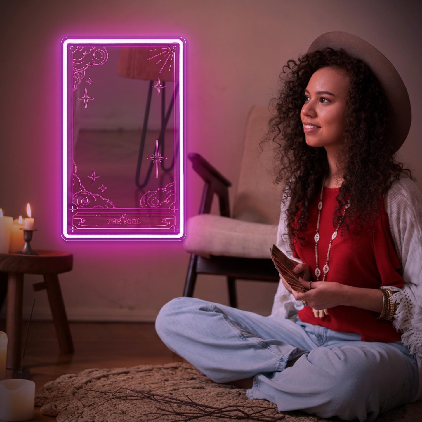 Kavaas Tarot Mirror Neon Sign - Pink Mystical LED Neon Light for Occult Room Wall Decor, Witchy Art Spiritual Room Decor, Best Gifts for Fortune Teller, Tarot Enthusiast
