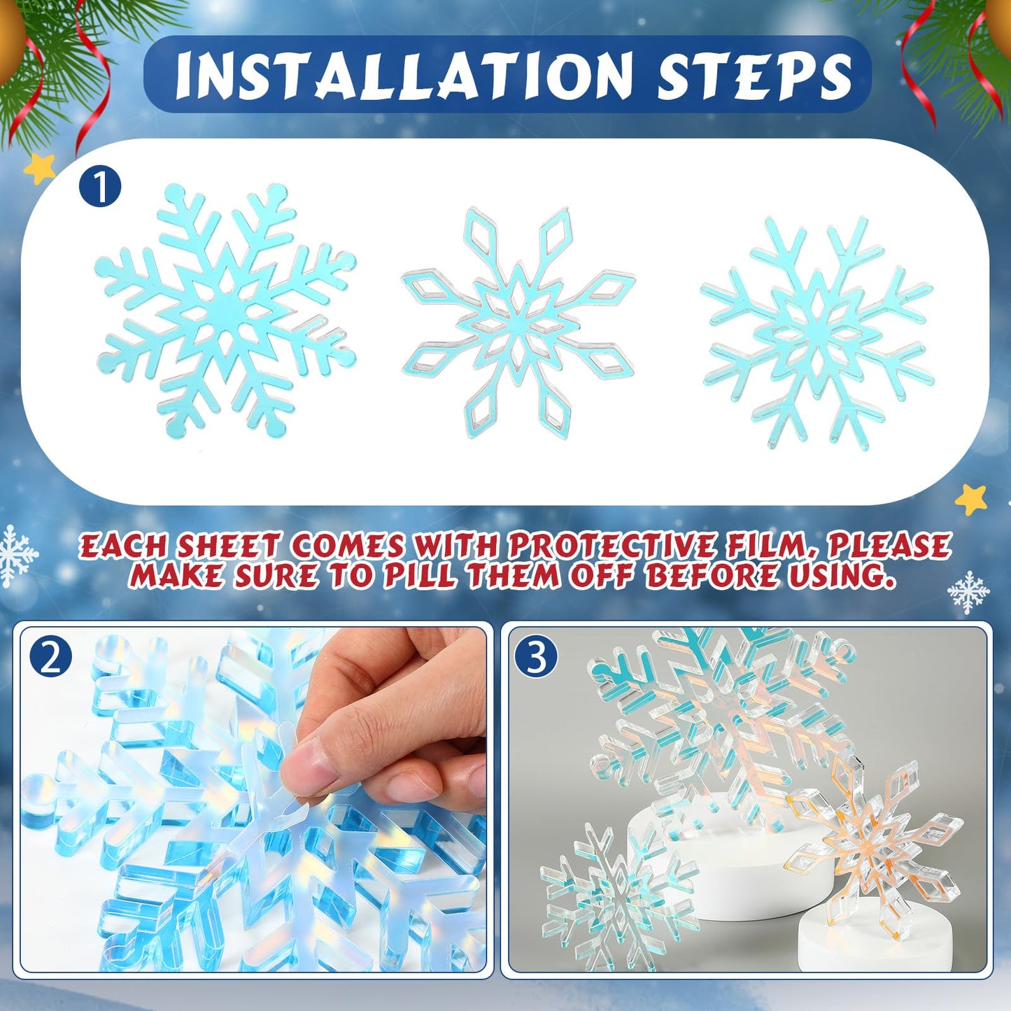 Fiwochic 3 Pcs Winter Iridescent Acrylic Snowflake Decorations 3D Acrylic Snowflake Table Signs Winter Centerpieces for Table Holiday Wedding New Year Party