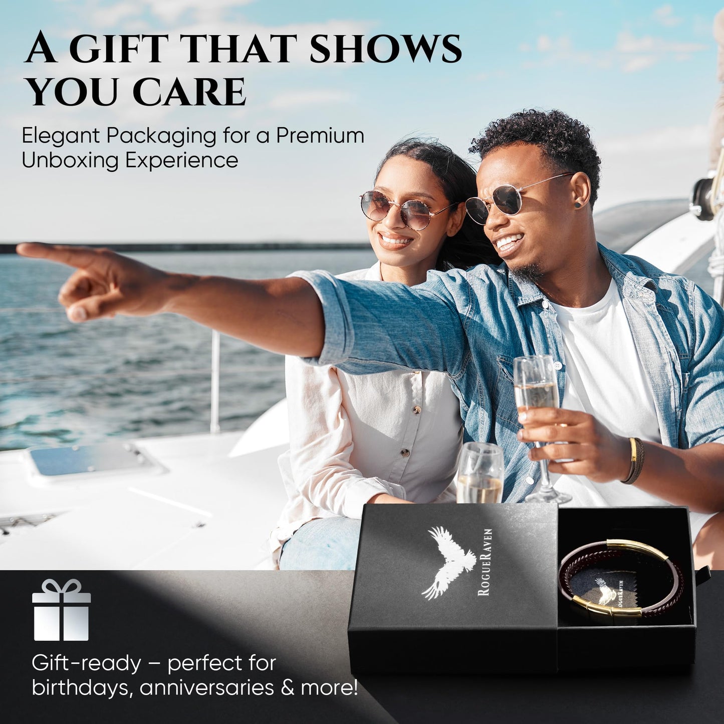RogueRaven Black Leather Bracelet for Men – Premium Collection – Brown Black Gold Silver | Genuine Leather Mens Bracelet with Stainless Steel Clasp [Adjustable] | In Luxury Gift Box
