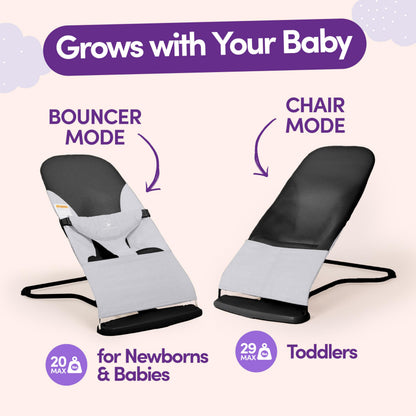 ComfyBumpy Ergonomic Baby Bouncer Seat - Bonus Travel Carry Case - Safe, Portable Bouncing Chair with Adjustable Height Positions - Infant Bouncy Seat Perfect for Newborn Babies (Grey)