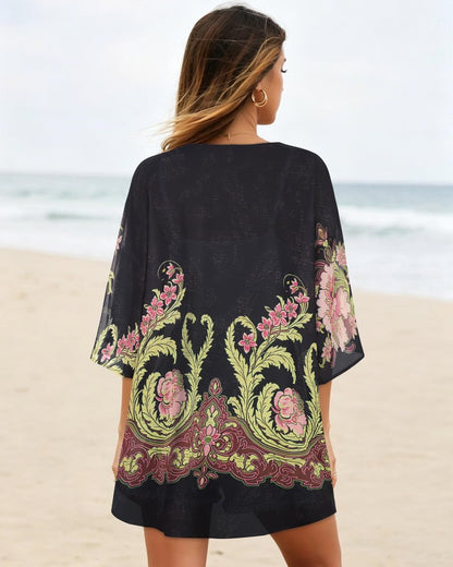 Women's Floral Kimono Print Puff Sleeve Loose Cardigan Cover Up Casual Blouse Tops (Black Matcha Green Print, XL)