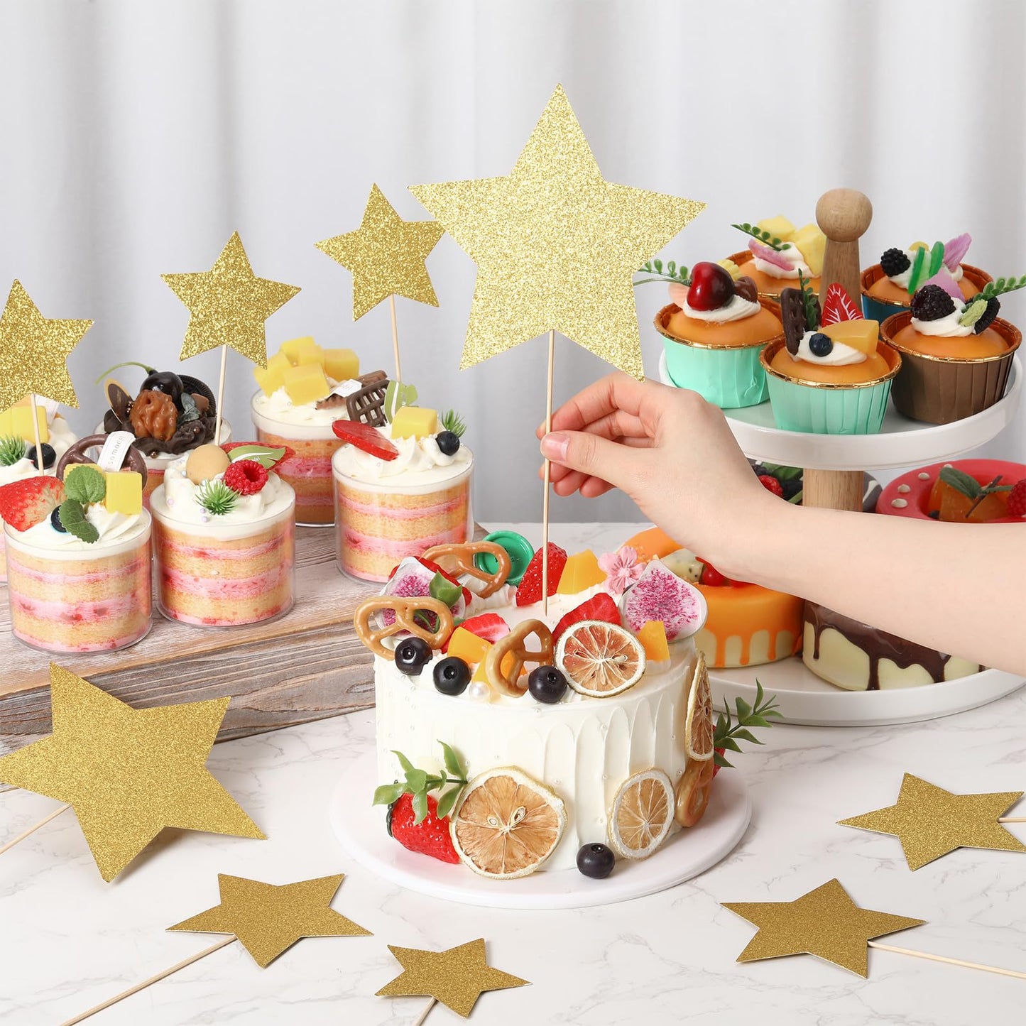 42 Pcs Gold Star Centerpieces Sticks Twinkle Glitter Star Table Flower Centerpiece Sticks Golden Cake Toppers for Graduation Back to School Wedding Engagement Bridal Baby Shower Party Decorations