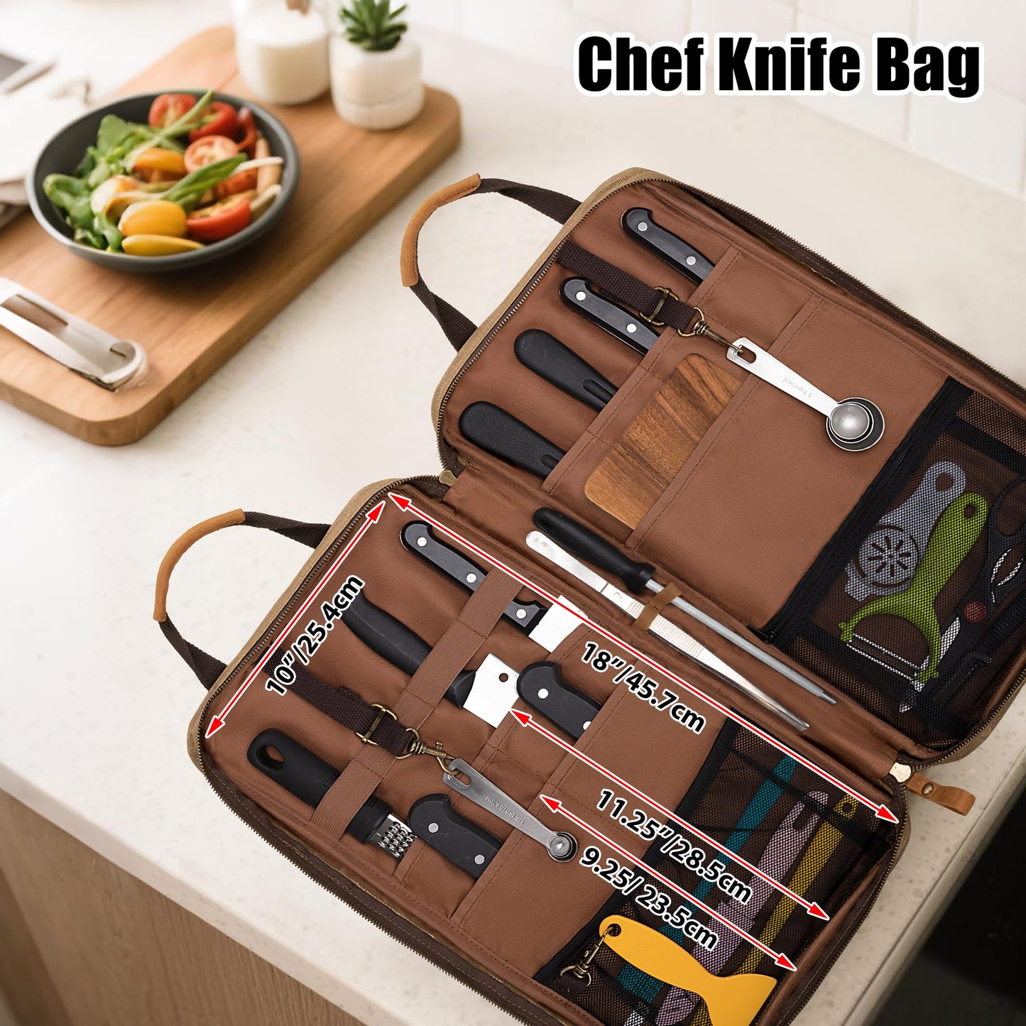 Damero Chef Knife Bag, Waxed Canvas Chef Storage Bag with 11 Slots and 2 Mesh Pockets, Knife Carrier Travel Knife Bag with Top Handles and Detachable Shoulder Strap for Kitchen Tools & Chef Utensils
