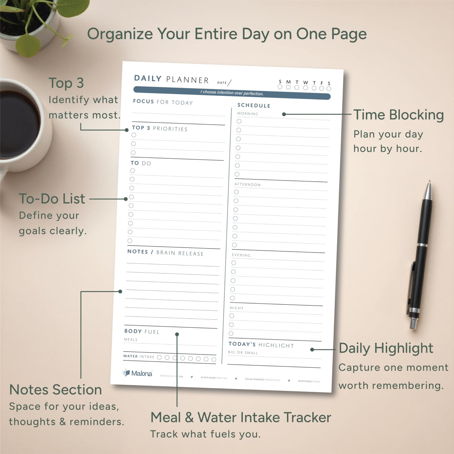 Daily Planner Notepad - ADHD Friendly and College Friendly Productivity Planner - Undated Sheets - Time Blocking Planner with Schedule, Top 3 Priorities, To Do List and Notes - Unique Daily Motivating Quotes - Water Intake and Meal Tracker - Desk Planning