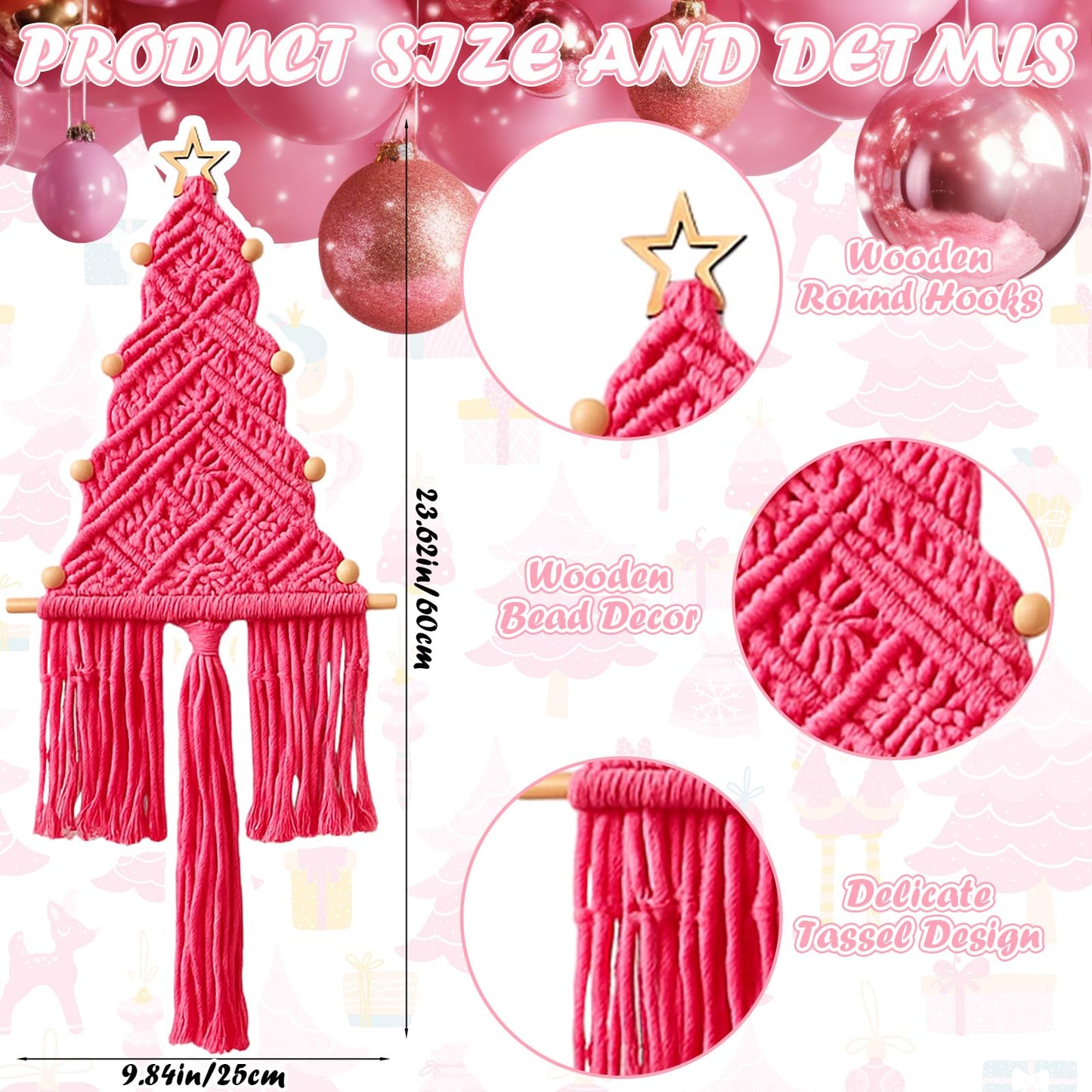 HunnmingRe 3 Pcs Large Macrame Christmas Tree Macrame Christmas Wall Decoration Hanging Ornaments Boho Wall Decor for Party Supplies (Beige,Light Pink and Dark Pink)