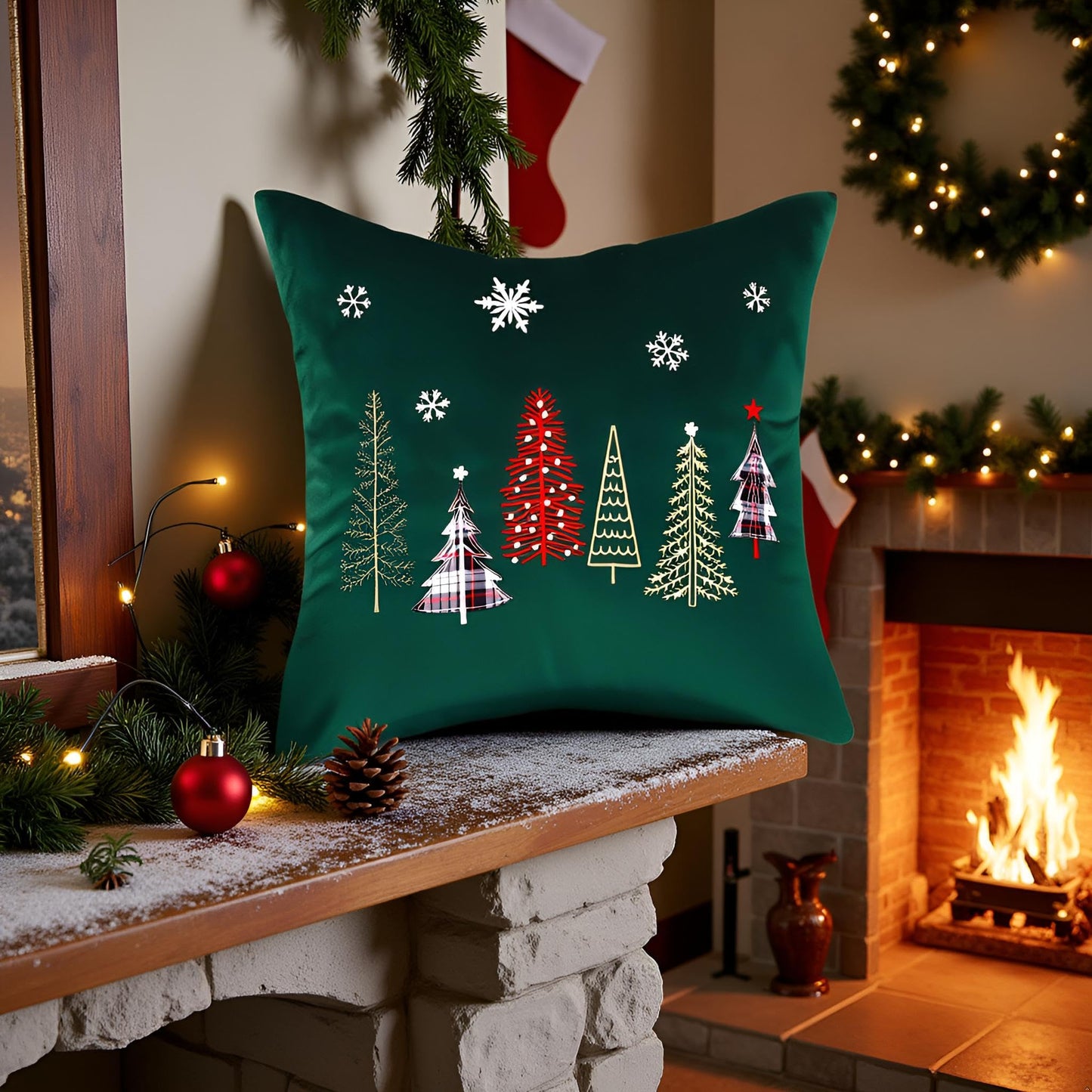 Tosleo Christmas Embroidery Throw Pillow Covers 24 x 24 inch Set of 2 Xmas Dec Velvet Pillowcases Forest Green Christmas Trees Cushion Pillow Cases Soft Square Holiday Pillowcase