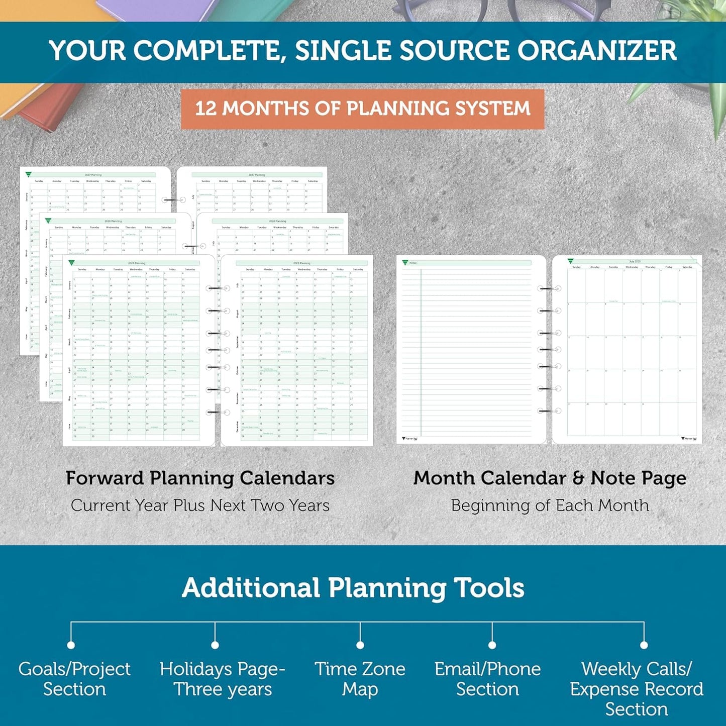 Planner Pad 7 Hole Loose Leaf 3-Tier Funnel Down 12 Month Organizer, October 2025 – September 2026, Soft Green Ink, 6 3/4" x 8 1/2"