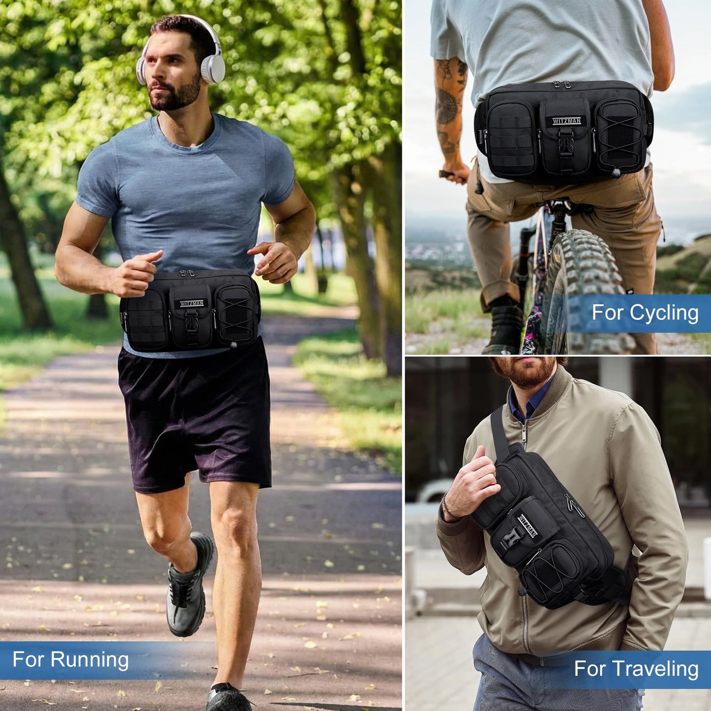 WITZMAN Fanny Pack for Men Fashion Waist Zipper Pack Bags Mens Belt Bag with Multi-pocket for Traveling Daily Walking（B733 Black）