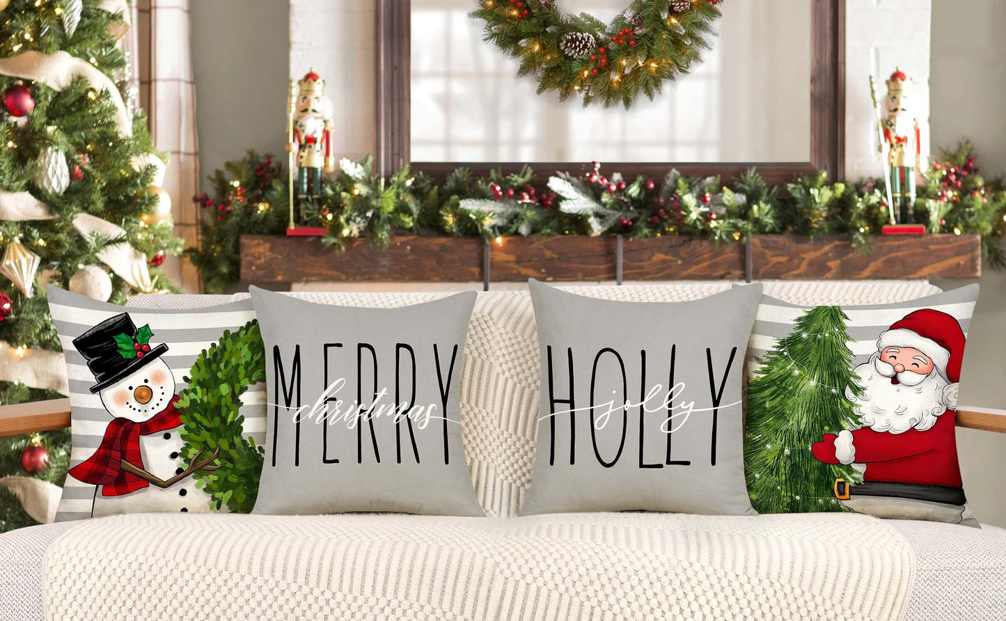 Gray Christmas Pillow Covers 18x18 Set of 4 Farmhouse Xmas Decorations Snowman Wreath Santa Claus Tree Merry Christmas Holly Jolly Winter Holiday Decor Throw Cushion Case for Home Couch S23C20