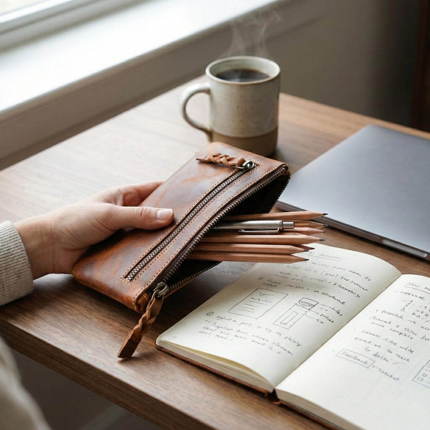LEATHER TOWN Leather Pencil Case Pouch 8" x 4" - Leather Pen Case with Zipper (Brown)