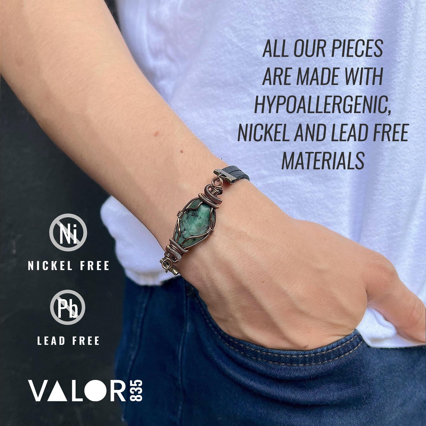Valor 835 Raw Emerald Mens Bracelet | Copper Wire Wrapped Crystal Bracelet for Men, Genuine Leather Cord with Magnetic Clasp, Gifts for Him, Gifts for Men, Mens Jewelry, Green Stone Jewelry