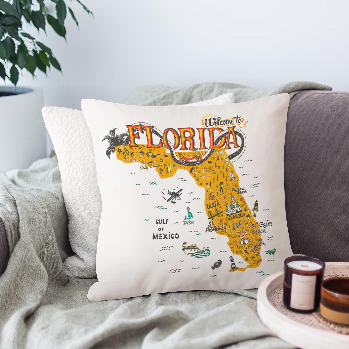 Jiaopenyou Throw Pillow Cover 20x20 Inch,Florida Orlando State Throw Pillow Case,Home Decor Cushion Covers for Sofa Living Room Couch Bed
