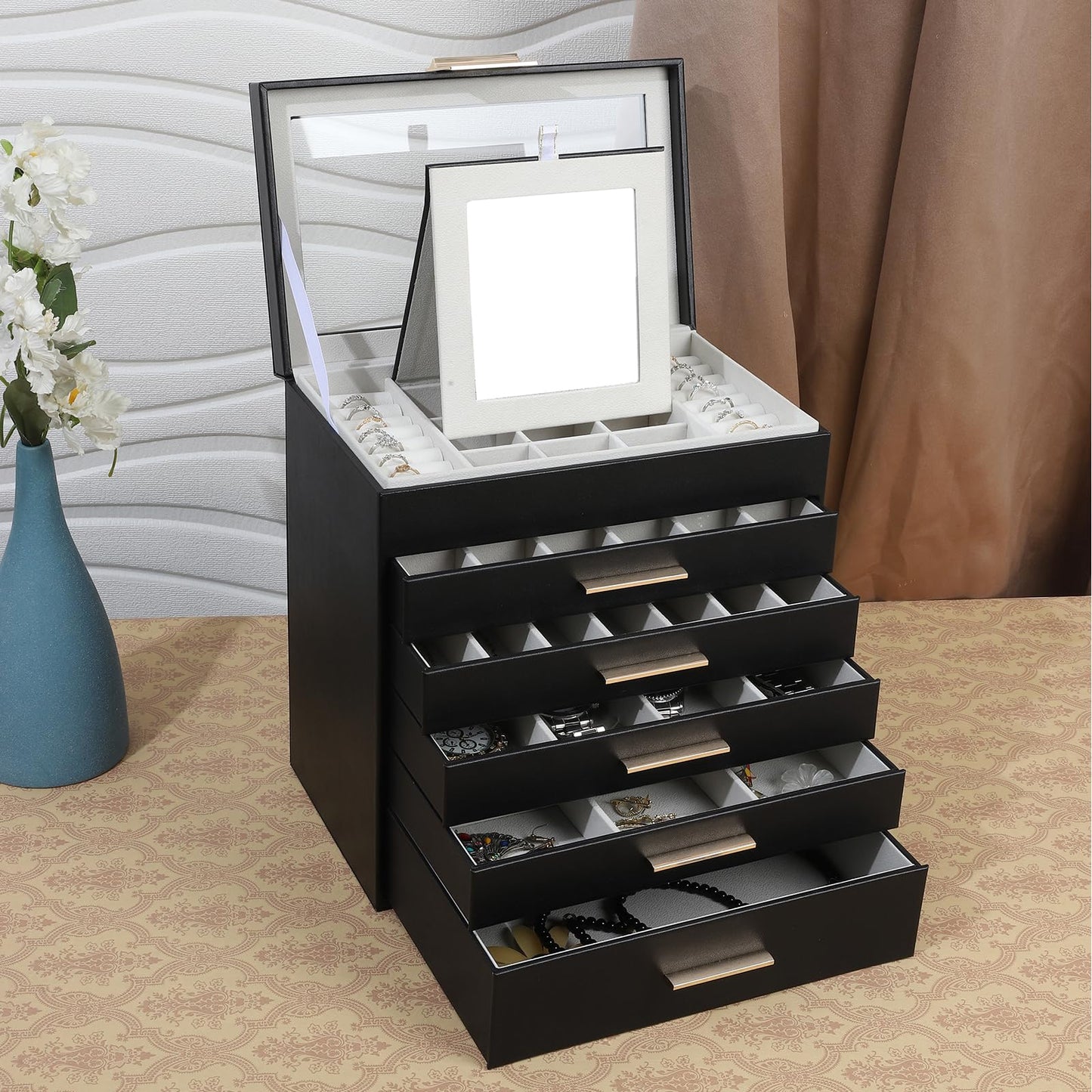 BOOVO Jewelry Boxes for Women, White and Black 6 Layer Large Jewelry Box for Necklace, Bracelet, Earrings, Rings Storage, Jewelry holder Organizer for Girls Gift (Clear Black, 6 layer)
