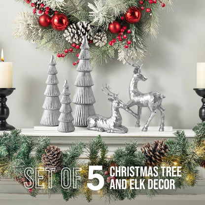 Hommtina Reindeer Christmas Decoration and Mini Christmas Trees,Christmas Reindeer Statues Lucky Reindeer Decor for Indoor Home Decor Tabletop Mantle Cabinet Desktop Office (Bright Silver)
