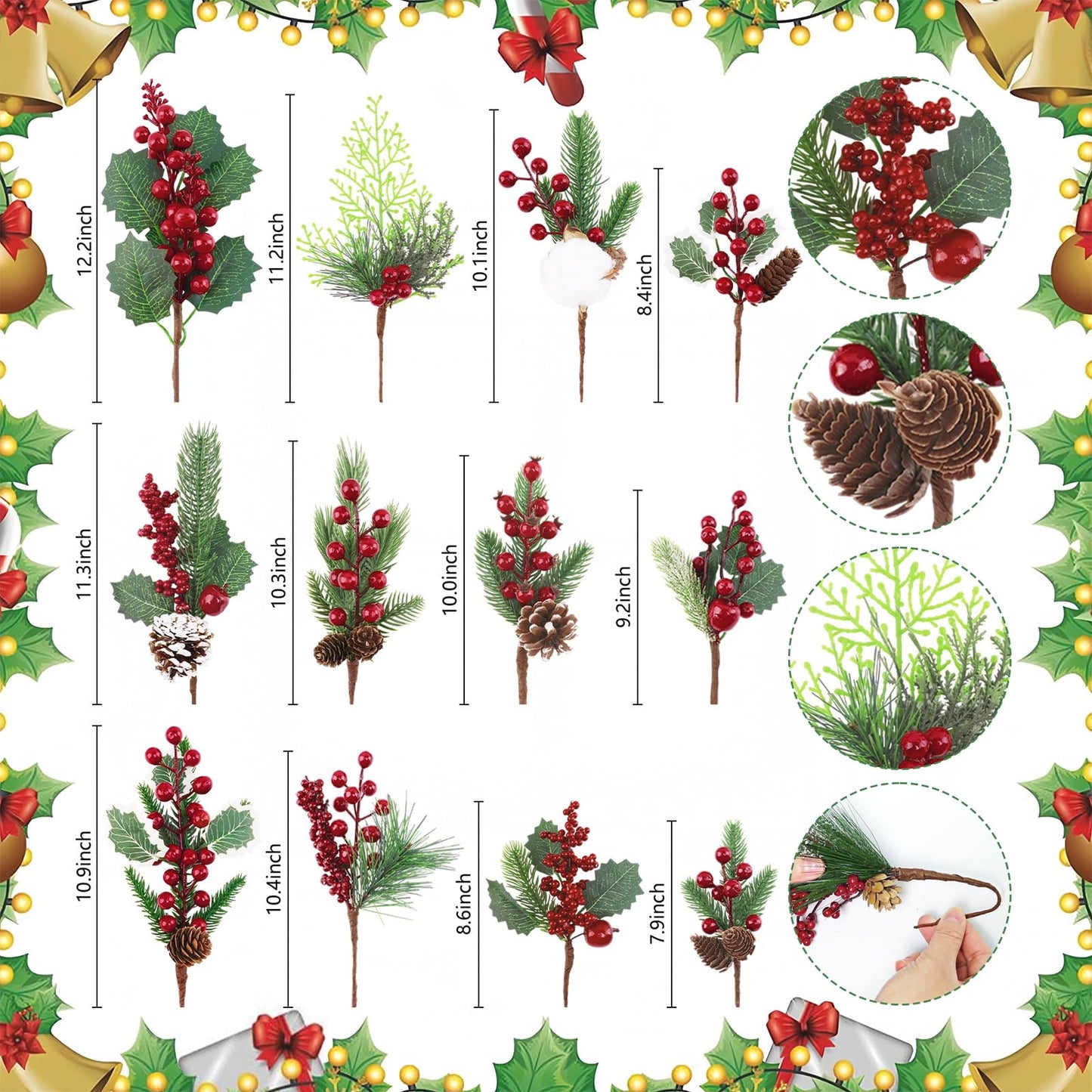 MEMOVAN Christmas Picks and Sprays Artificial Pine Needles Branches Berries Red Stems with Red Berry Pinecone Holly Xmas Floral Picks for Crafts Flower Arrangement Wreath Holiday Xmas Tree Decor-12PCS